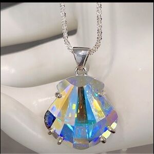 SWAROVSKI Aurora Borealis Crystal Shell Sterling Silver Pendant Sparkle Chain